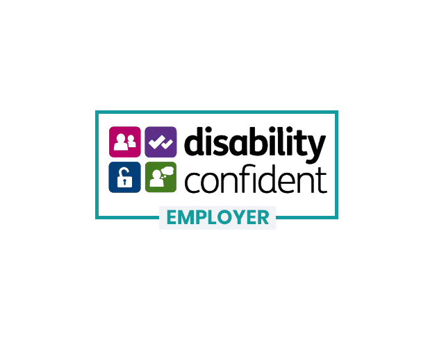 Disability confident employer logo. On the of the logo there are four small squares two by two. From top left to bottom right the squares contain a silhouette of two individuals, two ticks, a padlock that is open and a silhouette of an individual with a speech mark. To the right of these boxes is the words 'disability confident employer'.